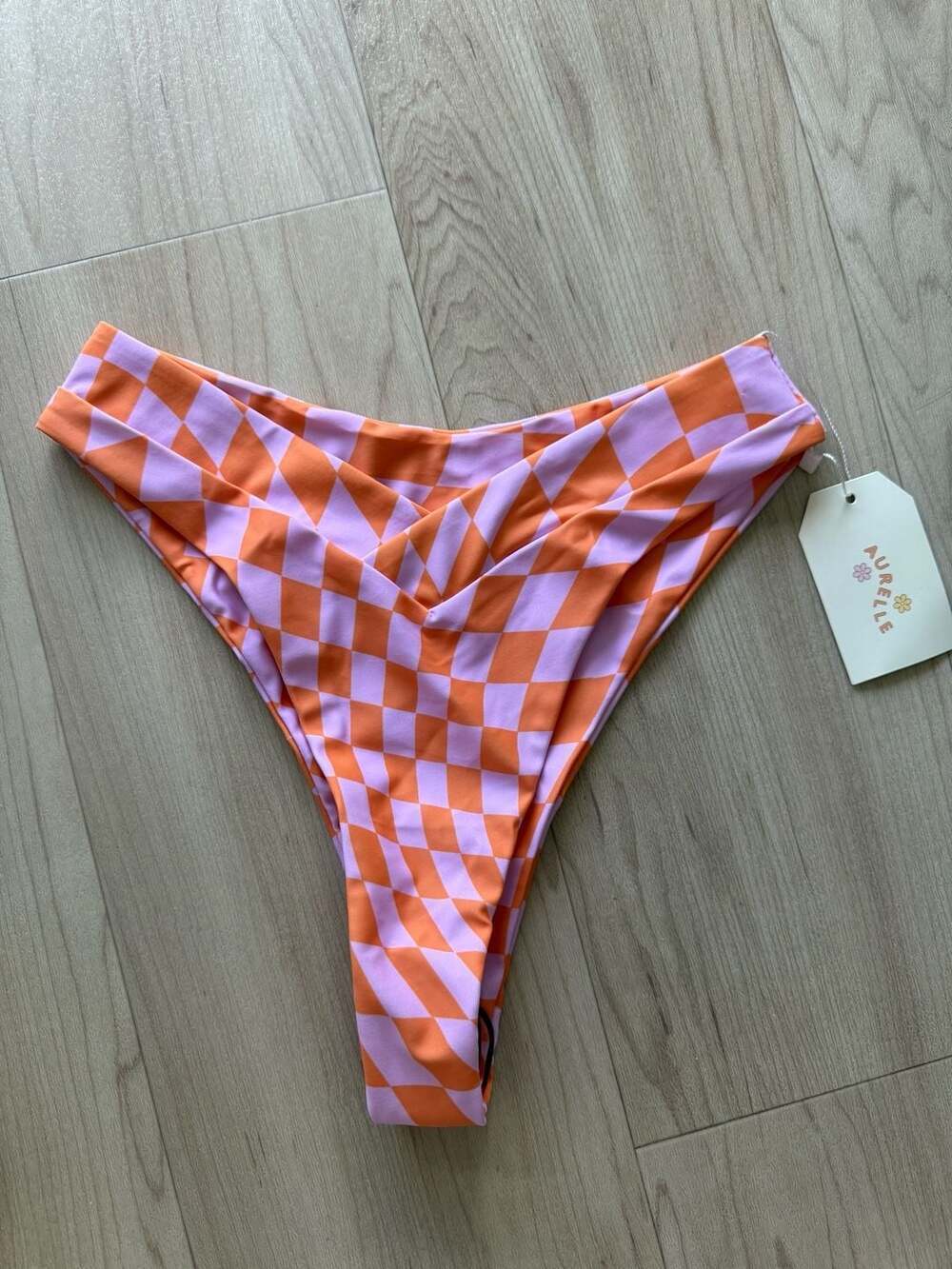 Aurelle Riza Sunset Pink and Orange Checked V-Cut Bikini Bottom